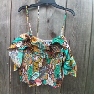 MILK & HONEY Top Juniors Size L Green Floral Print Smocked Shoulder Off Cropped